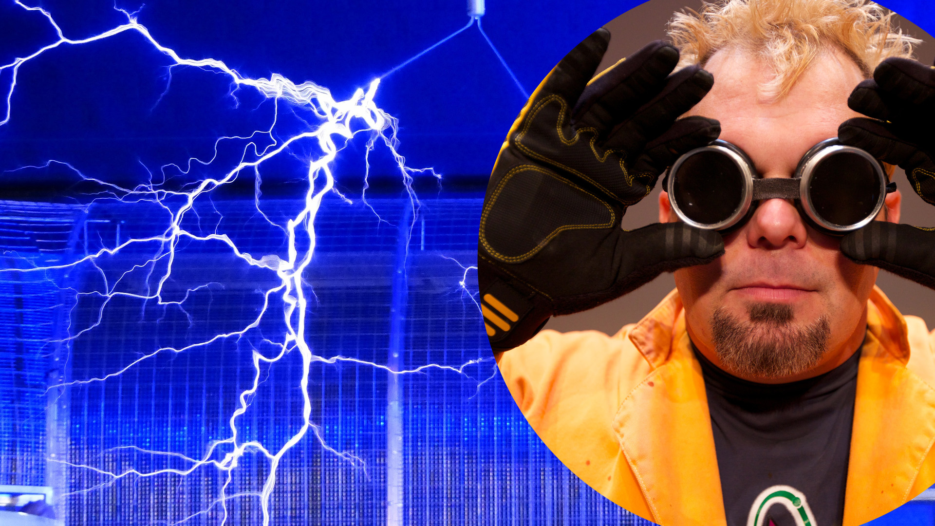 Lighting background with a picture of a man with goggles.