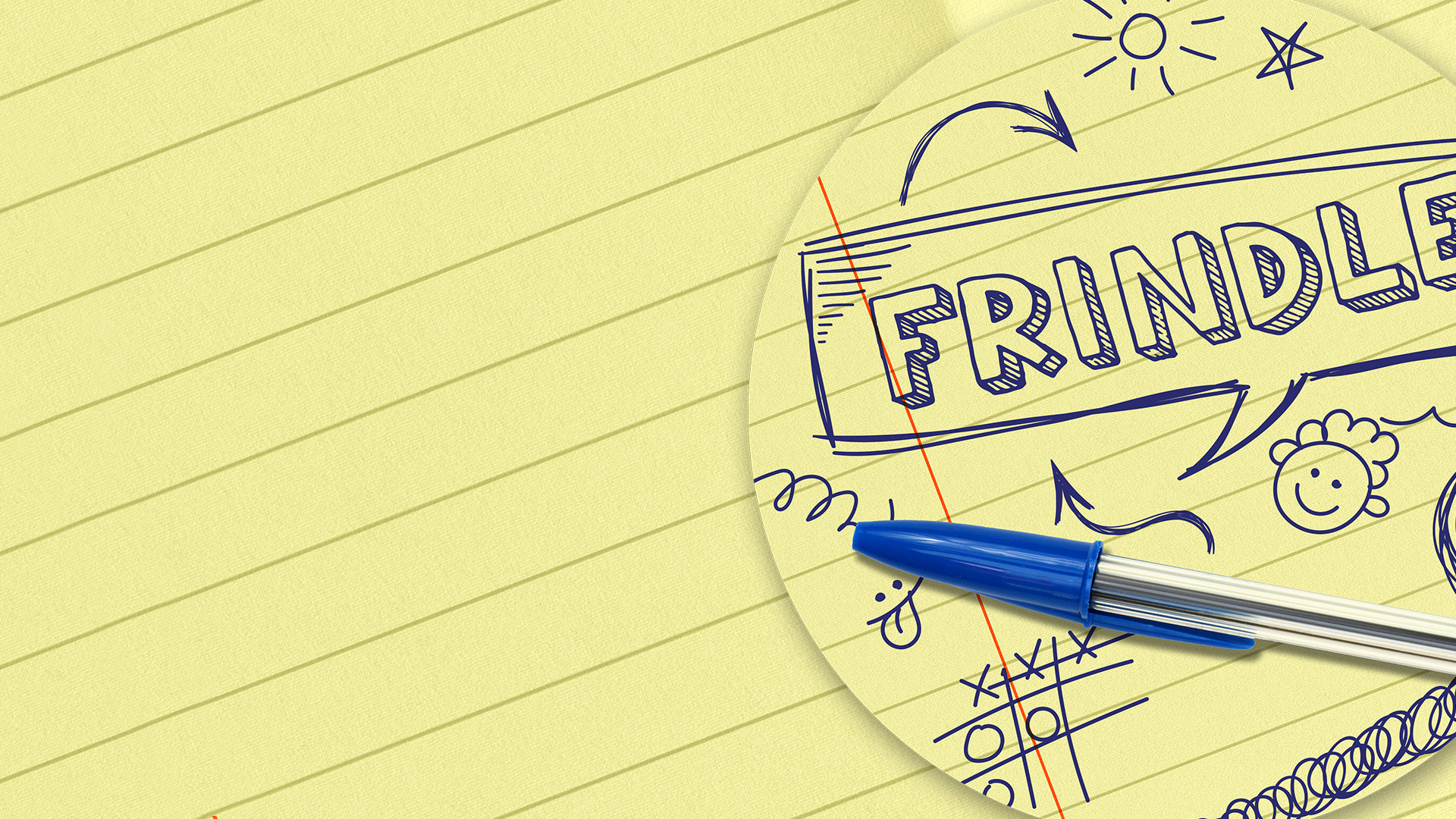 Frindle logo on yellow lined paper.