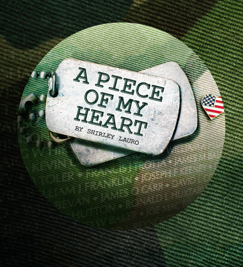 2 military dog tags in front of the bakground image of the Vietnam Wall and a heart made out of the American flag.