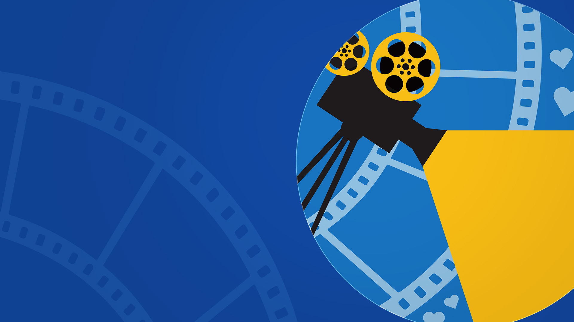 A reel to reel video camera with film and hearts in the background