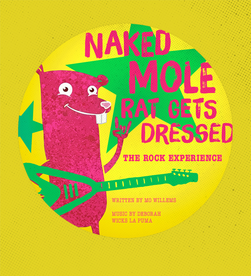 Naked mole rat makes the Rock On sign with his hand while holding a guitar with a star in the background.