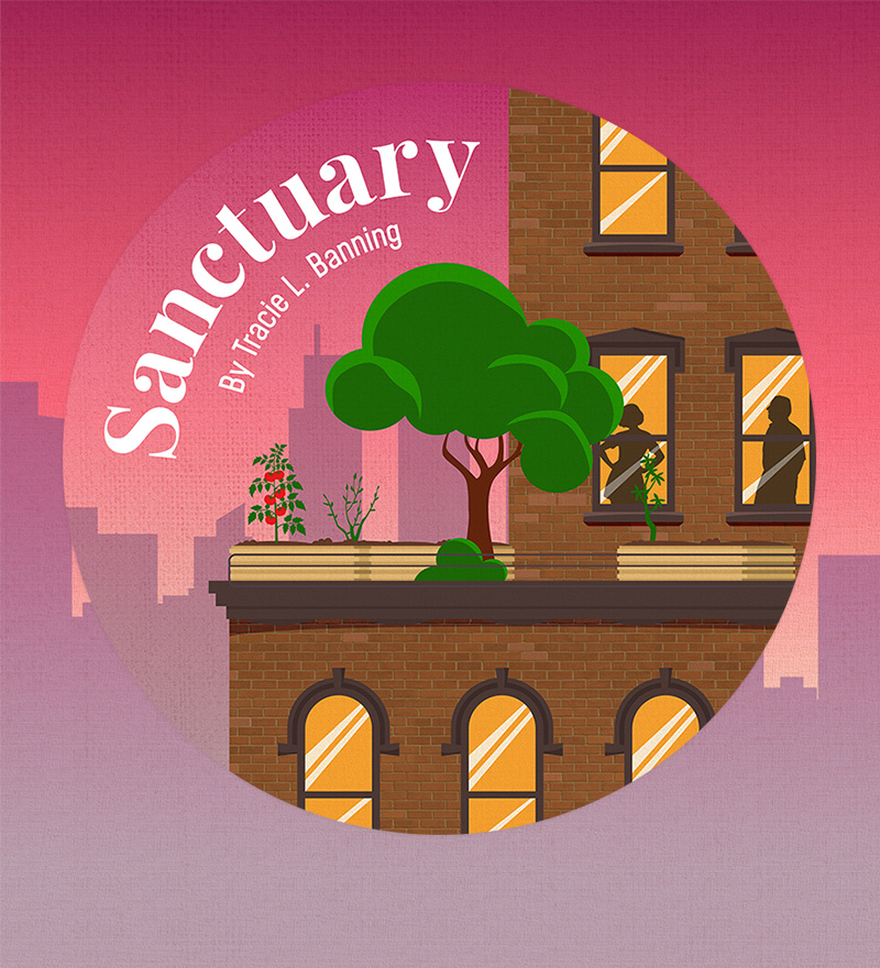 A closeup view of a high rise apartment garden next to 2 apartment windows with silhouettes in front of a background of a city skyline.