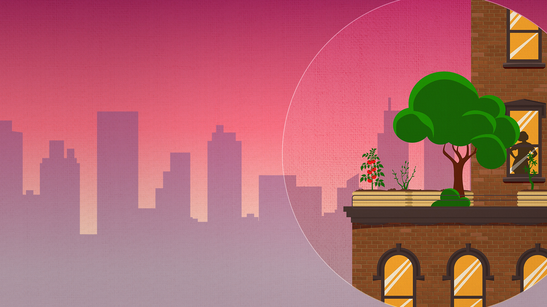 A closeup view of a high rise apartment garden next to 2 apartment windows with silhouettes in front of a background of a city skyline.