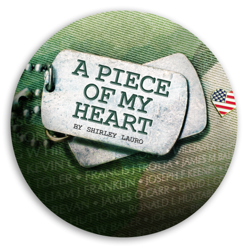 2 military dog tags in front of the bakground image of the Vietnam Wall and a heart made out of the American flag.