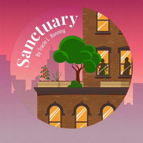 A closeup view of a high rise apartment garden next to 2 apartment windows with silhouettes in front of a background of a city skyline.