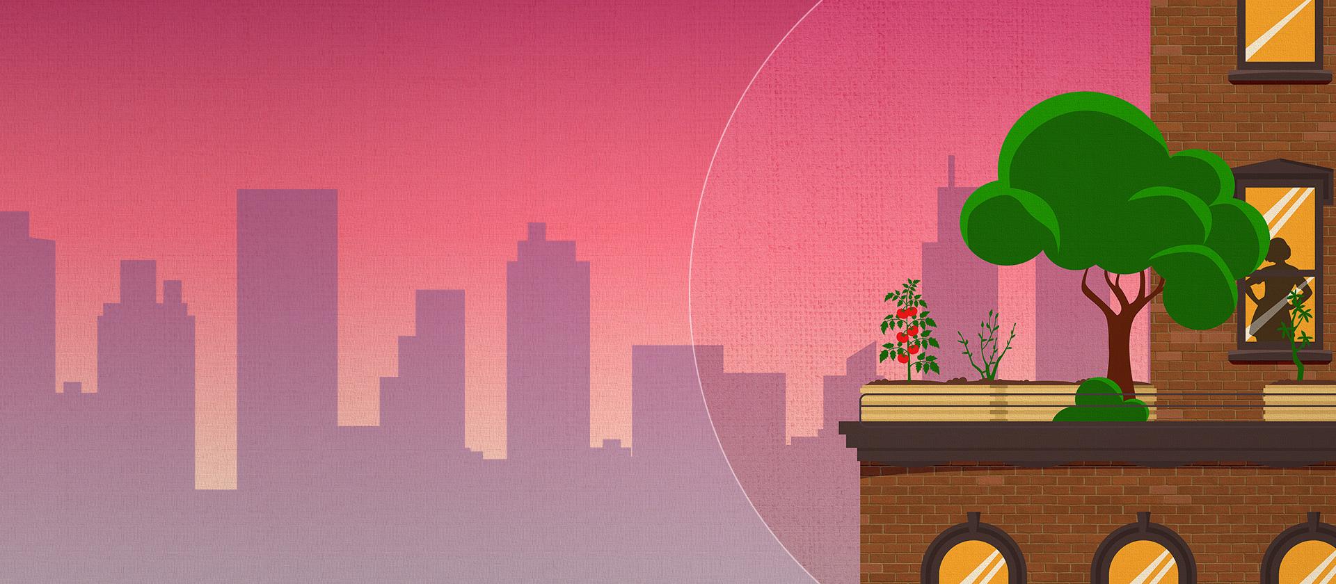 A closeup view of a high rise apartment garden next to 2 apartment windows with silhouettes in front of a background of a city skyline.